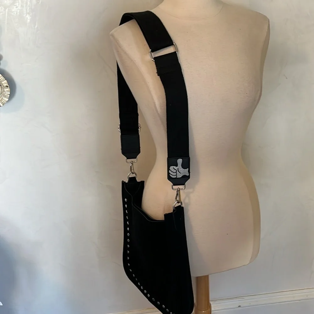 Ah-dorned Black Faux Suede cross body Bag w/silver studs & strap 11”x12”x3”